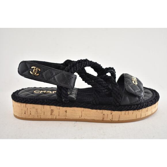 Chanel REV Black Gold Cord Rope CC Quilted Mule Ankle Strap Dad Sandal Flat 36 - Picture 4 of 14